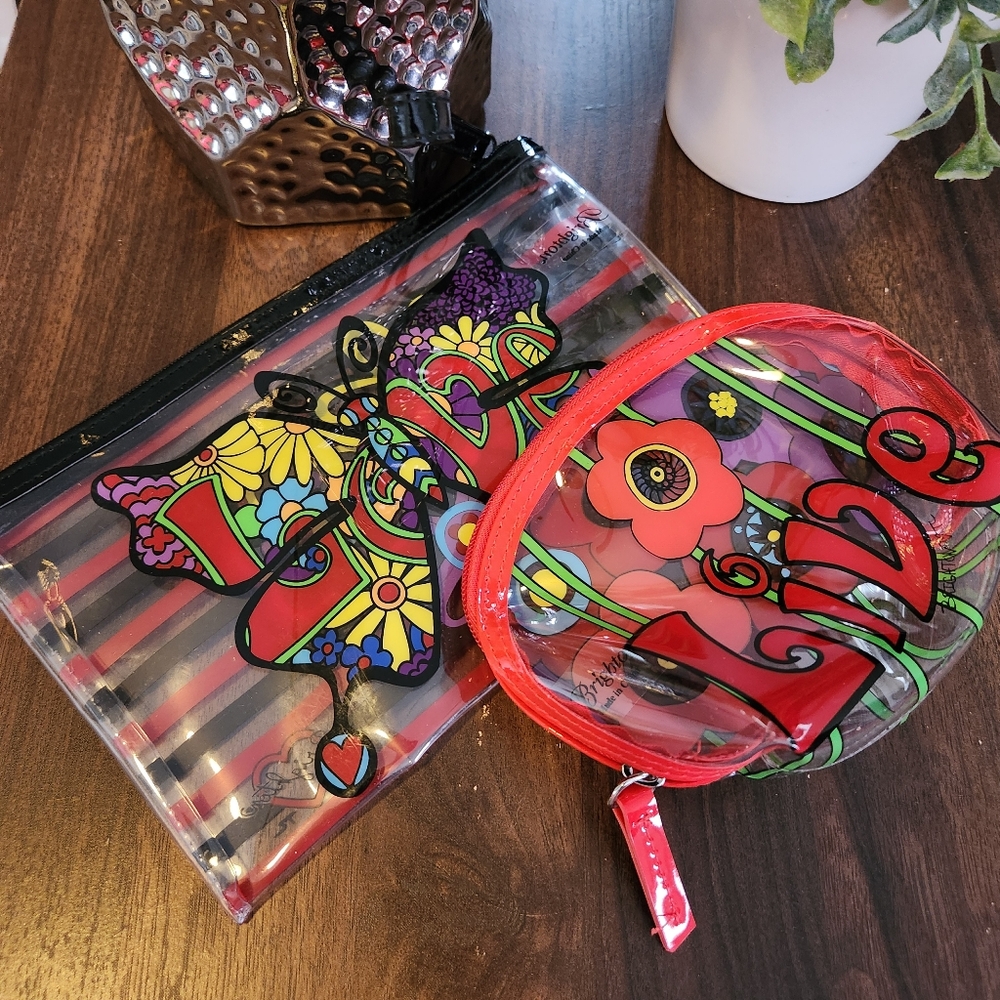LIVE LOVE PVC COSMETIC BAG POUCH travel case FLOWERS FLORAL SET OF 2 red